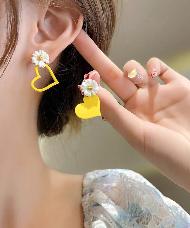 Yellow Alloy Baked Enamel Asymmetrical Love Stud Earrings