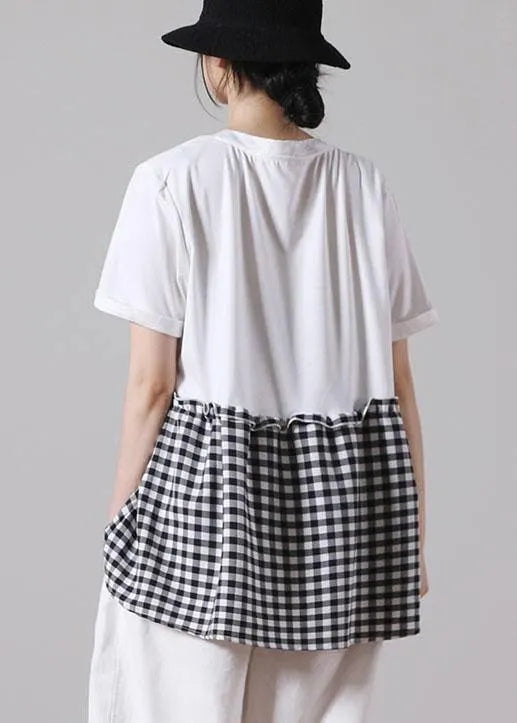 Boutique White Patchwork Plaid Pockets Cotton Shirt Tops Short Sleeve Summer