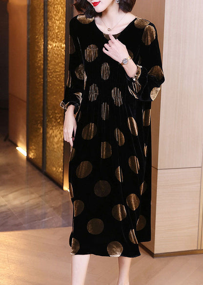Black Dot Print Velour Dress Spring