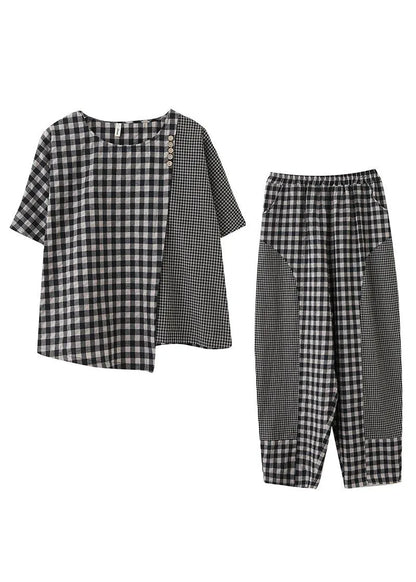 Small Grid Patchwork Asymmetrical Design Two Piece Set Clothing