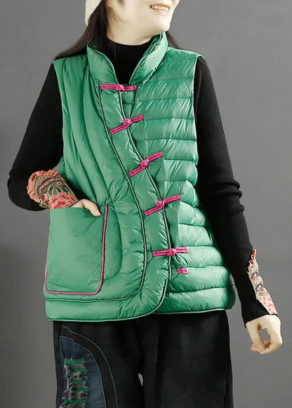 Art Green Pockets Oriental Duck Down Filled Vest Winter