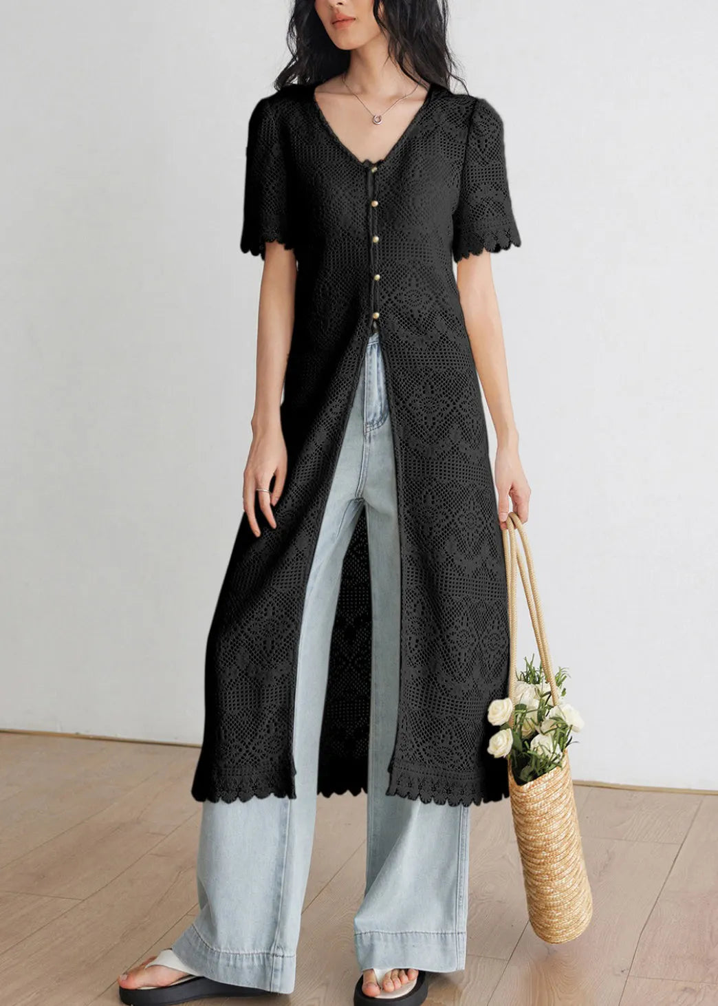 Art Beige V Neck Hollow Out Long Knit Cardigans Summer