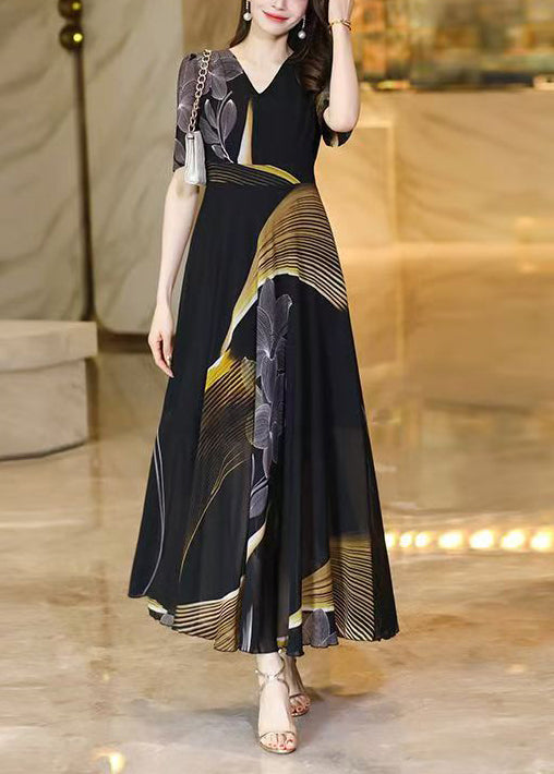 Black V Neck Print Chiffon Long Dresses Summer