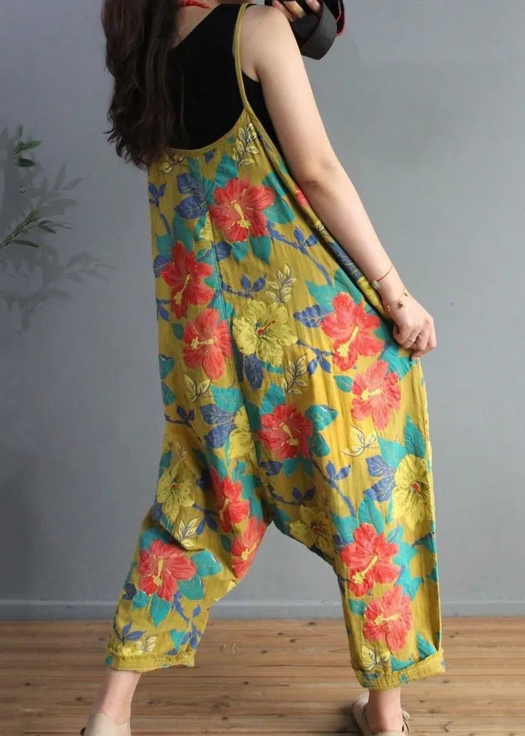 Yellow Print High Waist Cotton Jumpsuit Sleeveless