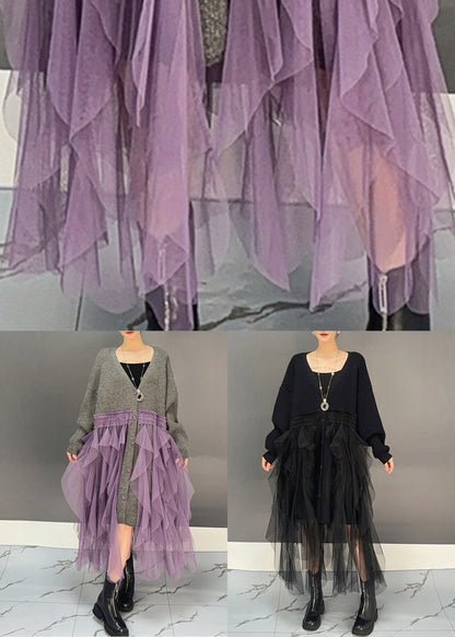 Loose Grey V Neck Tulle Patchwork Knit Cardigan Dress Winter