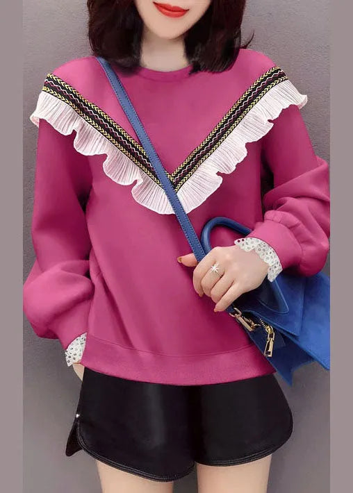 Style Rose O-neck Ruffled Fall Loose Sweatshirts Top