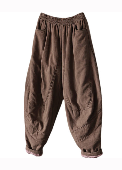 Black Pockets Patchwork Fine Cotton Filled Pants Winter