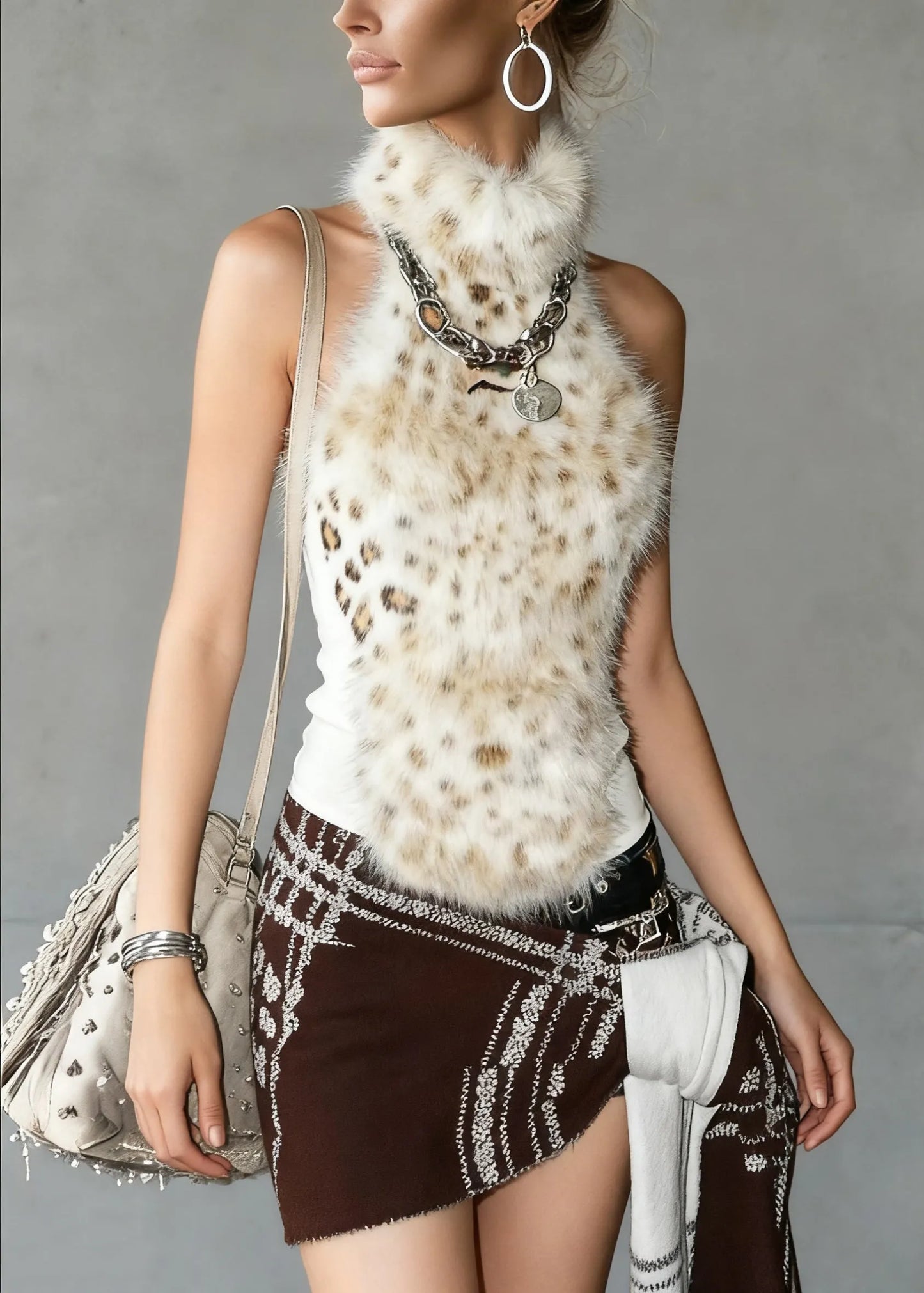 Leopard Turtleneck Fluffy Patchwork Tank Sleeveless