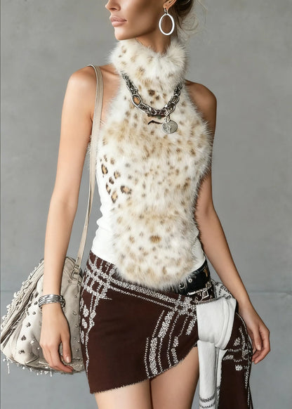 Leopard Turtleneck Fluffy Patchwork Tank Sleeveless