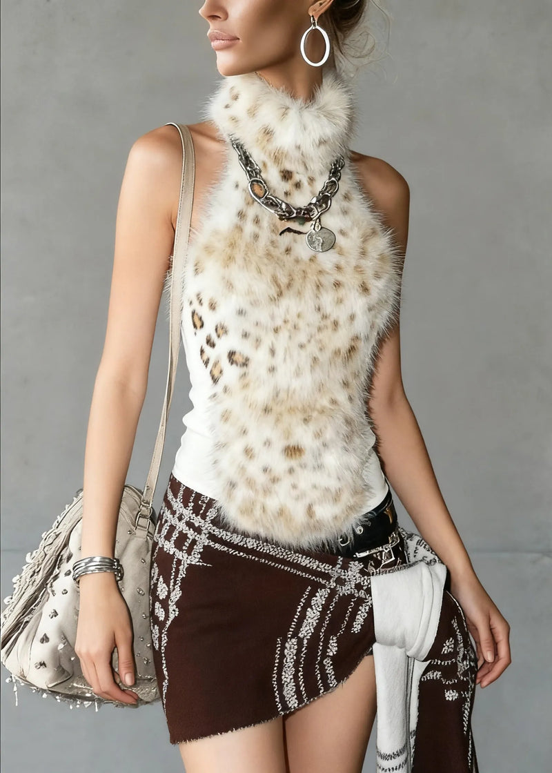 Leopard Turtleneck Fluffy Patchwork Tank Sleeveless