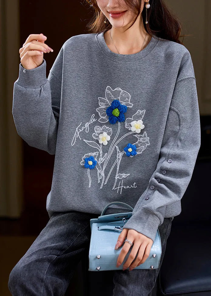 Loose Grey O Neck Patchwork Cotton Sweatshirt Spring