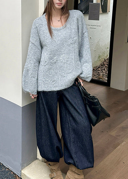 Grey Jacquard Thic Knit Sweater Tops Winter