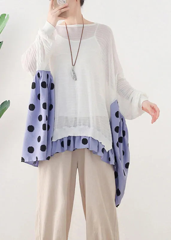 White O-neck Dot Patchwork Cotton Knit Tops Batwing Sleeve