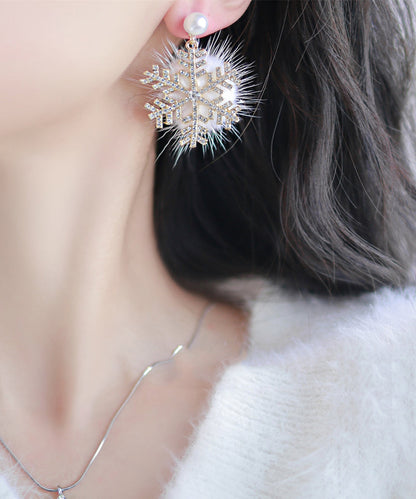 Gold Sterling Silver Mink Velvet Snowflake Drop Earrings