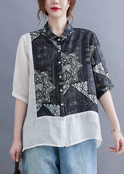 Black Peter Pan Collar Button Patchwork Print Fall Shirt Half Sleeve