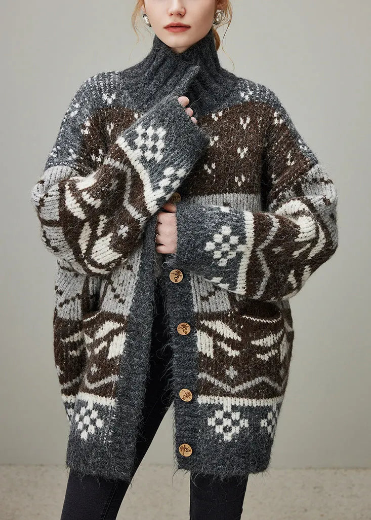 Jacquard Grey Turtleneck Button Patchwork Knit Coat Winter