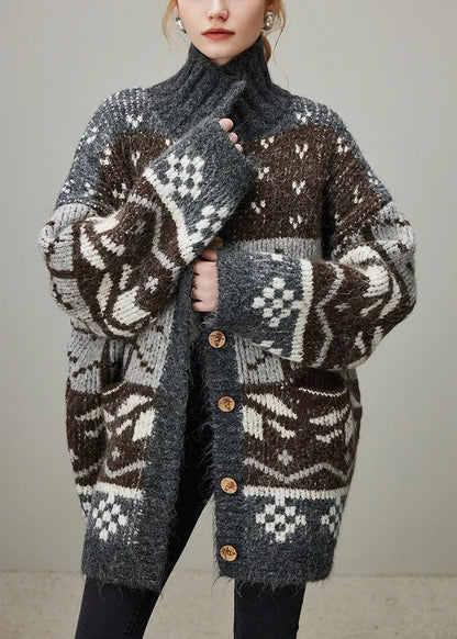 Jacquard Grey Turtleneck Button Patchwork Knit Coat Winter