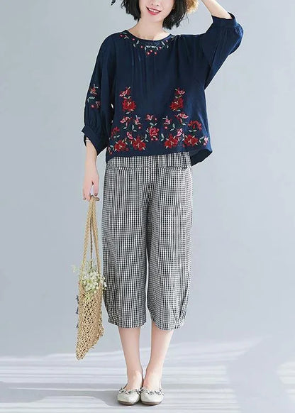 Summer Cotton Linen Navy O-neck Shirts
