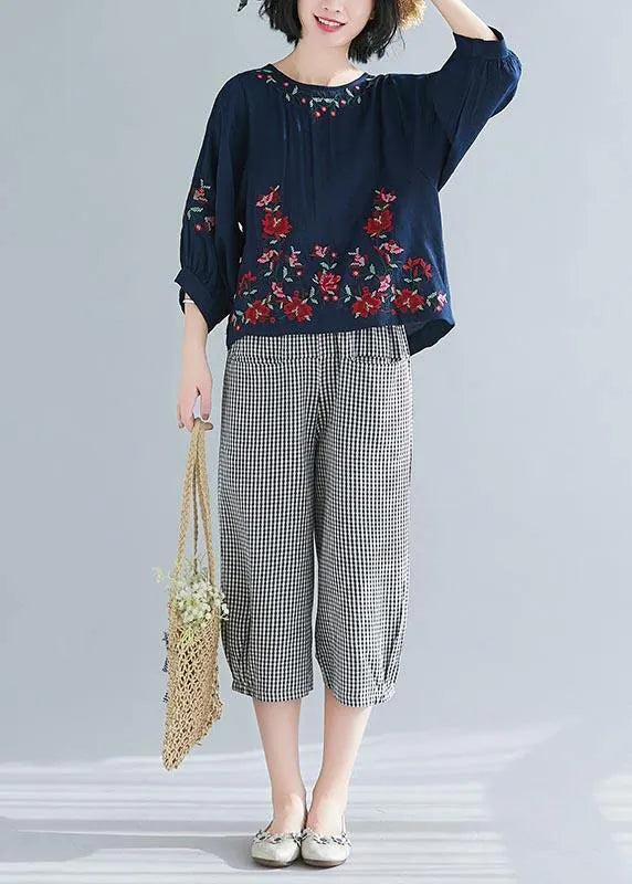 Summer Cotton Linen Navy O-neck Shirts