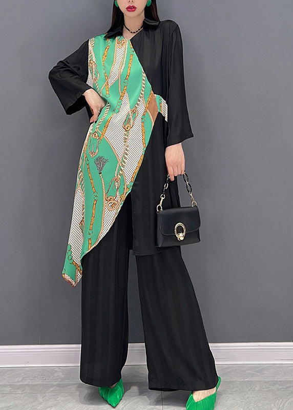 Stylish Black V Neck Asymmetrical Patchwork Chiffon Tops and Wide Leg Pants Two Pieces Set Spring