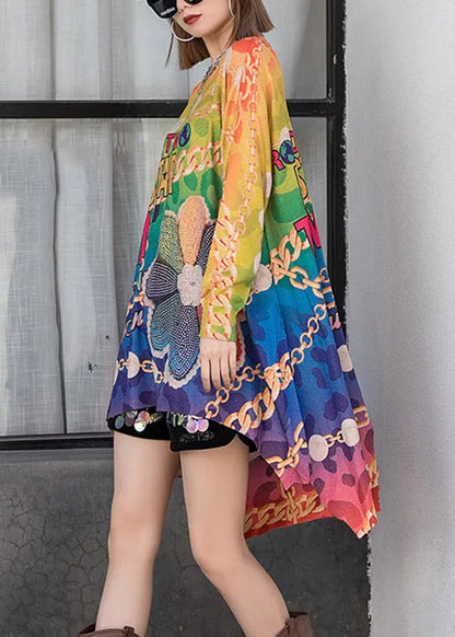 Stylish O-neck Asymmetrical Design Print Knit Tops Long Sleeve