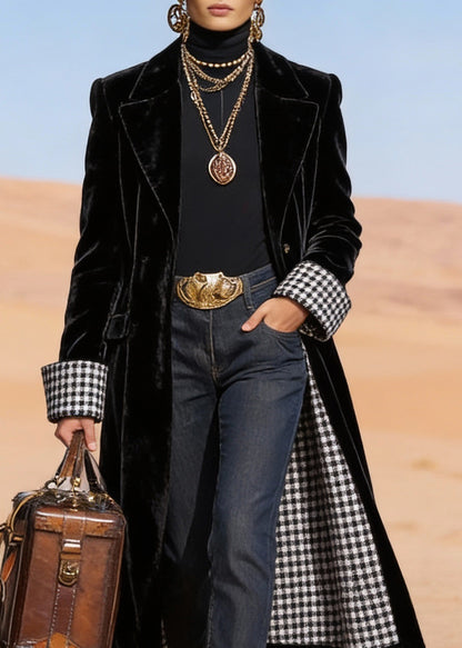 Black Peter Pan Collar Pockets Velvet Trench Spring