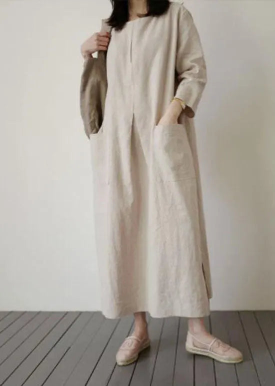 Italian Beige O-neck Side Open Cotton Dress Spring