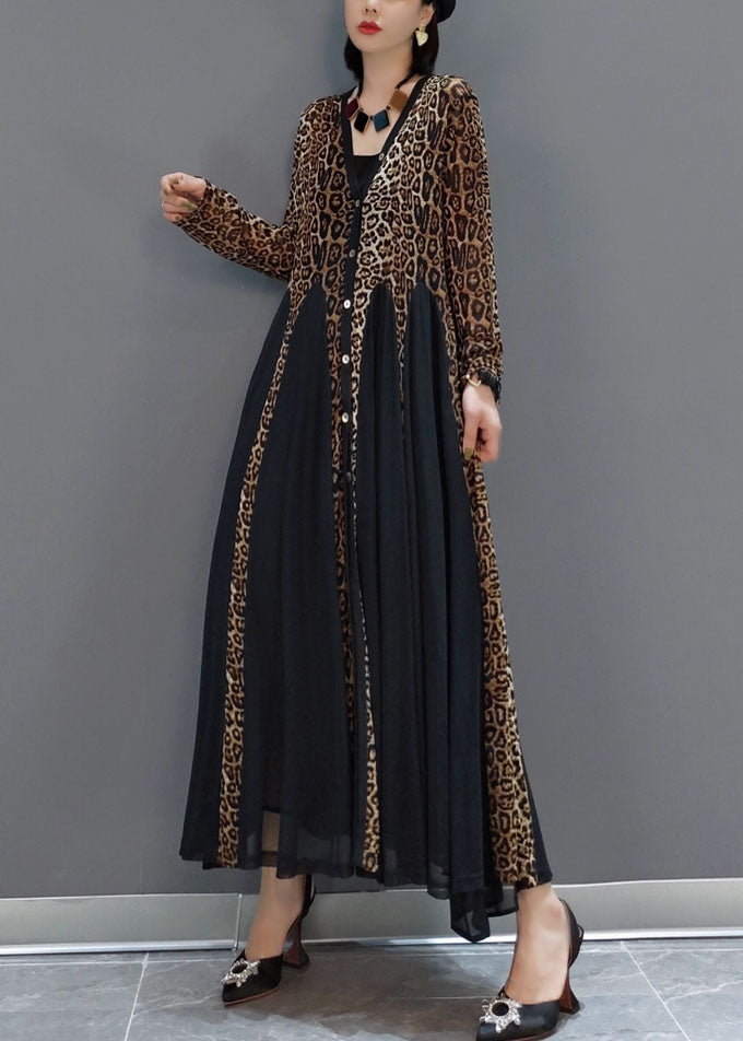Black Button V Neck Patchwork Leopard Chiffon Maxi Dress Spring