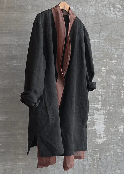 Handmade Black Patchwork Button Fake Two Pieces Linen Shirts Long Sleeve