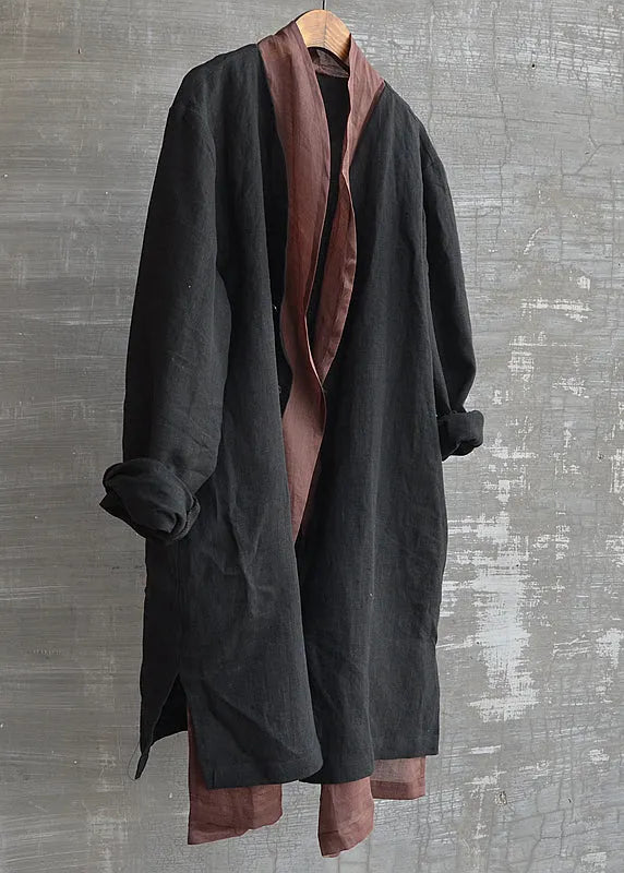 Handmade Black Patchwork Button Fake Two Pieces Linen Shirts Long Sleeve