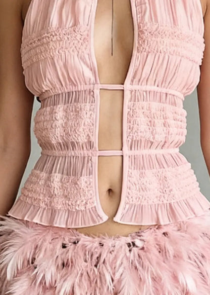Art Pink Ruffled Hollow Out Lace Up Cotton Tank Sleeveless