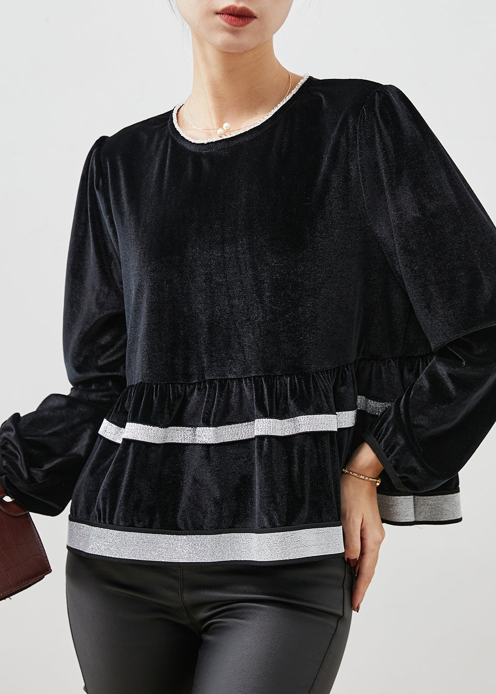 Black O-neck Patchwork Silk Velvet Sweatshirt Top Spring