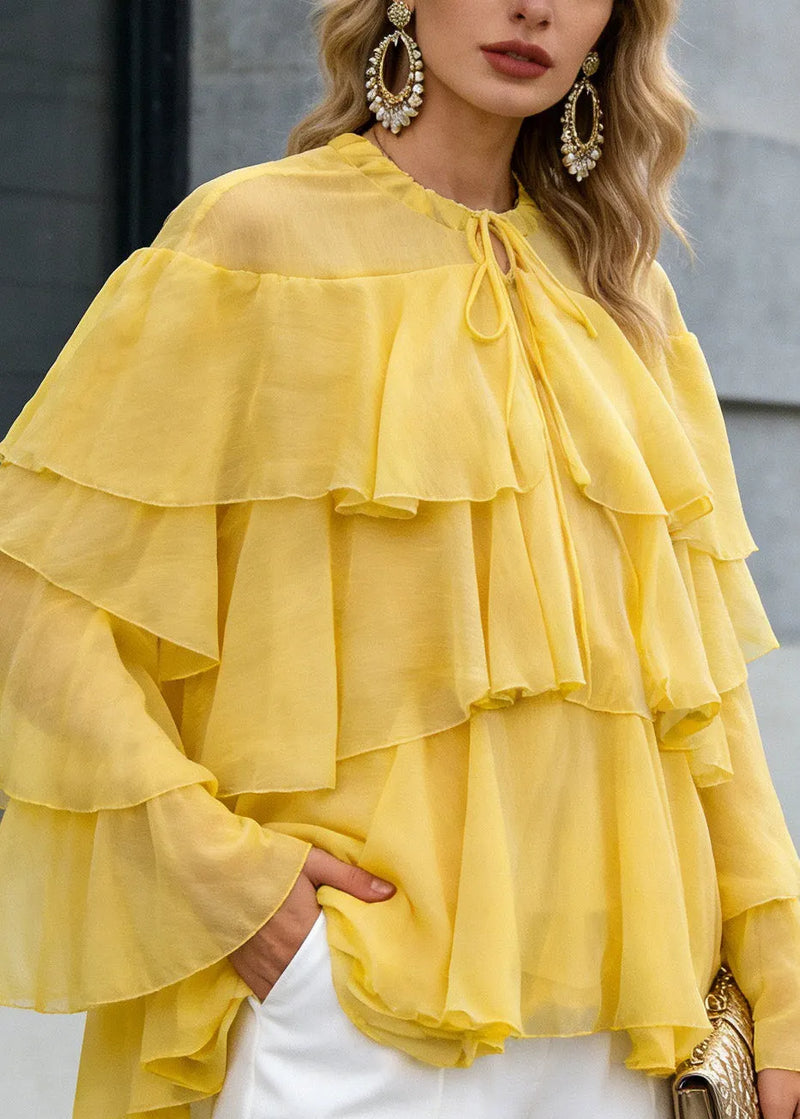 Yellow O Neck Ruffled Patchwork Chiffon Tops Spring