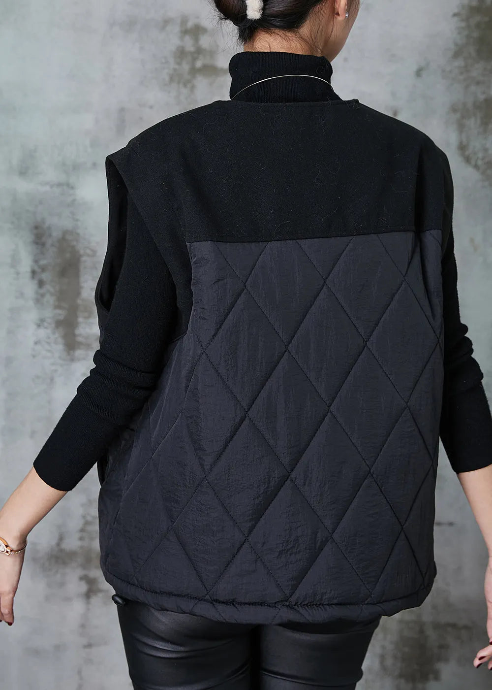 Black Patchwork Fine Cotton Filled Vests Oversized Spring