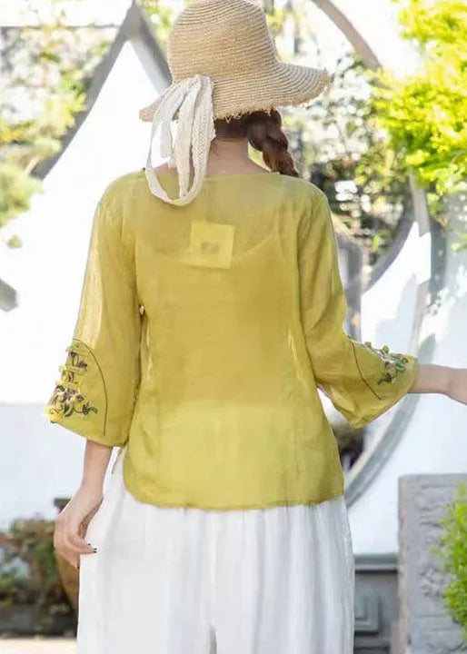 Ginger Loose Linen Tops V Neck Three Quarter Sleeve