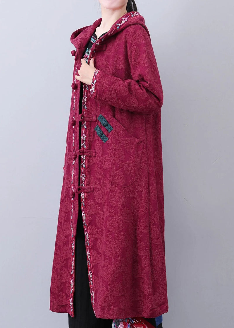 Art Brick Red Hooded Embroideried Jacquard Long Coat Fall