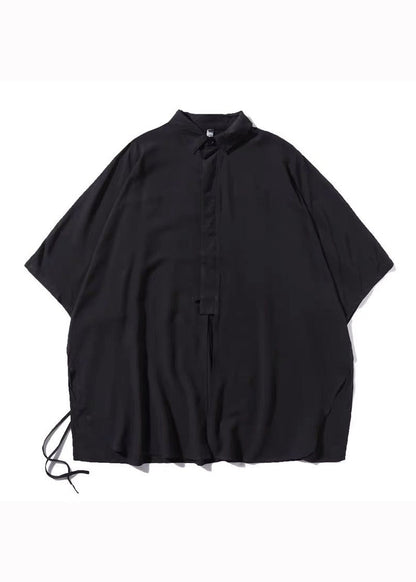 Black Peter Pan Collar Lace Up Patchwork Cotton Shirts Bracelet Sleeve