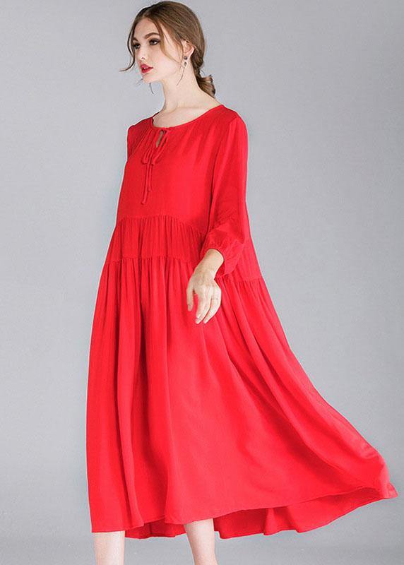 Red Loose Wrinkled Spring Holiday Dress Three Quarter Sleeve