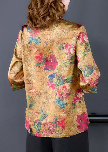 Yellow Side Open V Neck Print Silk Blouse Tops Half Sleeve