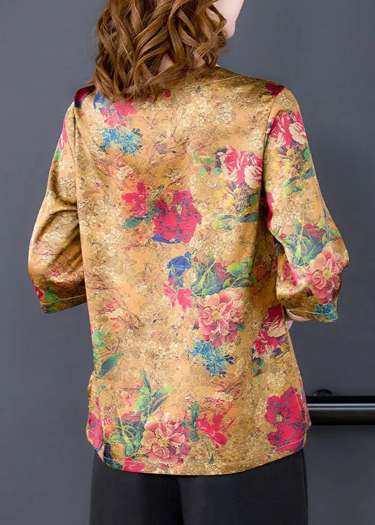 Yellow Side Open V Neck Print Silk Blouse Tops Half Sleeve