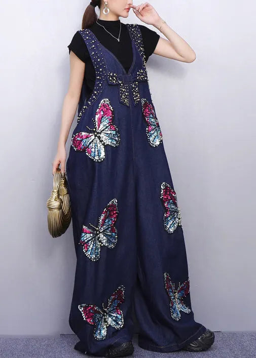 Navy Oversized Butterfly Sequins Denim Jumpsuits Spring