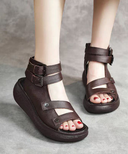 Splicing Wedge Sandals Black Cowhide Leather Peep Toe