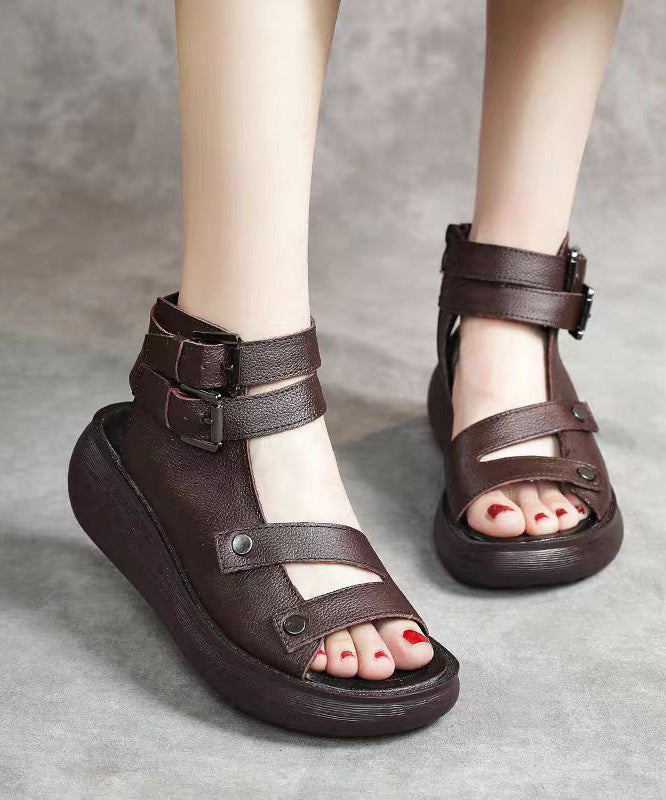 Splicing Wedge Sandals Black Cowhide Leather Peep Toe
