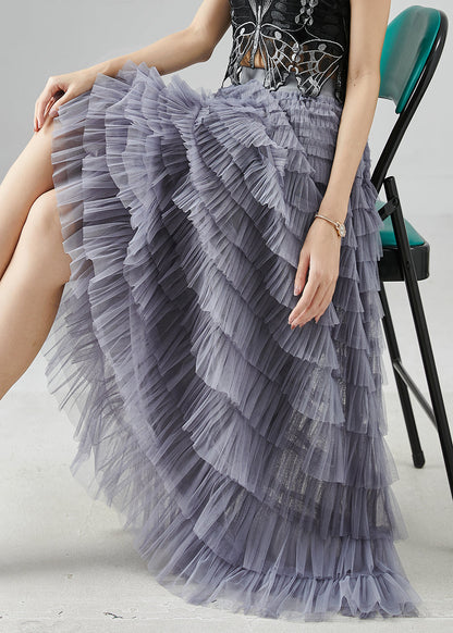 Grey Elastic Waist Layered Tulle Skirts Summer