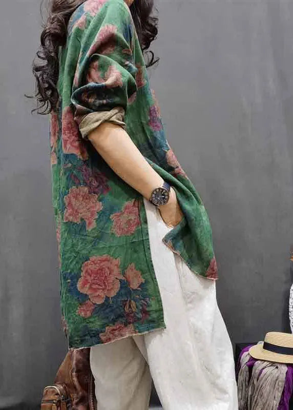 Green O-neck Patchwork Linen Shirts Fall