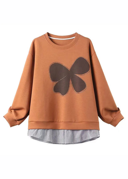 Boutique Orange Striped Patchwork Zircon Fake Two Pieces Sweatshirt Long Sleeve