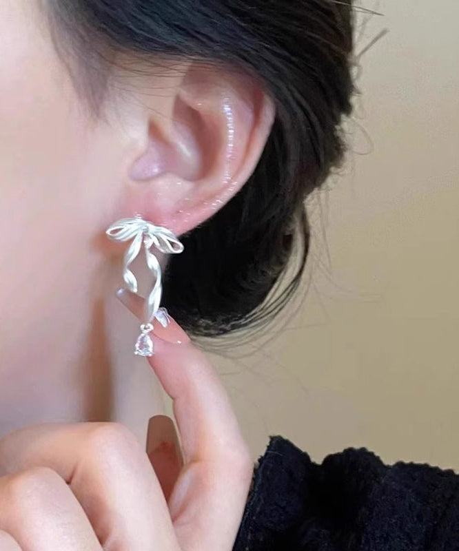 White Copper Alloy Butterfly Silk Ribbon Drop Earrings