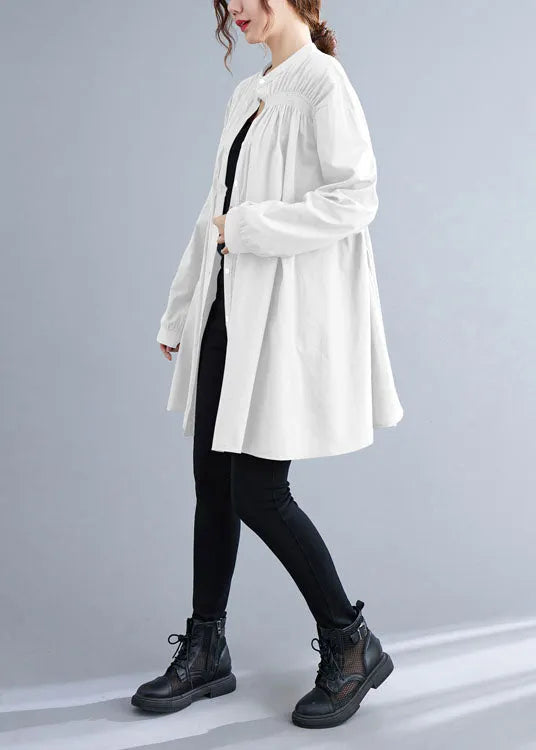 White Stand Collar Button Wrinkled Fall Shirt Top Long Sleeve