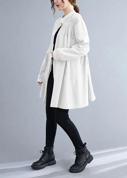 White Stand Collar Button Wrinkled Fall Shirt Top Long Sleeve