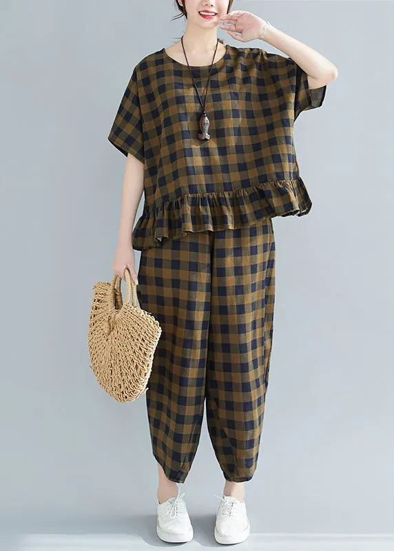 Loose Army Green O-neck Ruffles Plaid Two Pieces Set Short Sleeve
